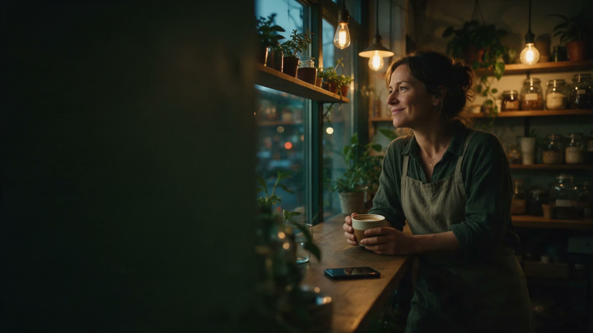 La dueña de una tienda de barrio de Madrid, al cierre, toma un café tranquila junto al escaparate.