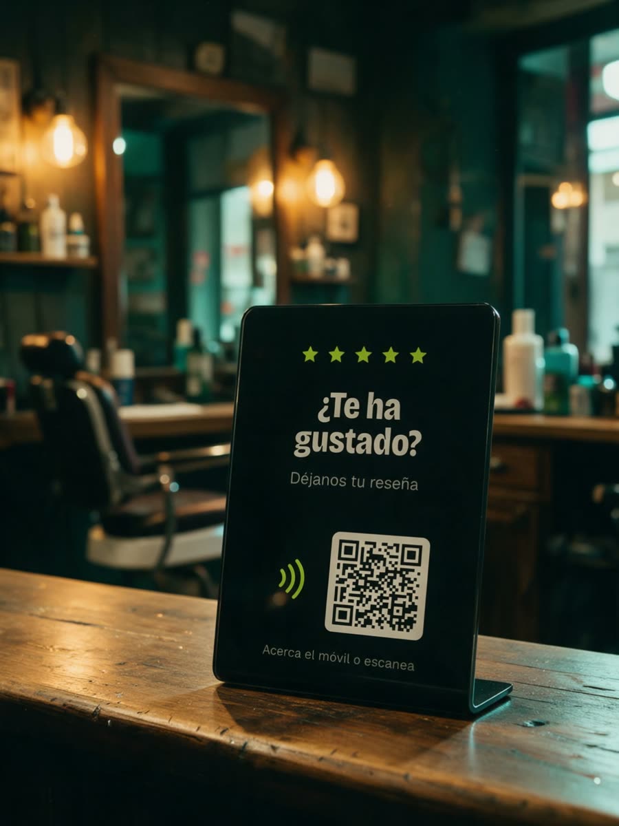 Soporte de reseñas negro sobre el mostrador de madera de una barbería: cinco estrellas, ¿Te ha gustado?, el símbolo NFC y un QR. Un cliente acerca su móvil.